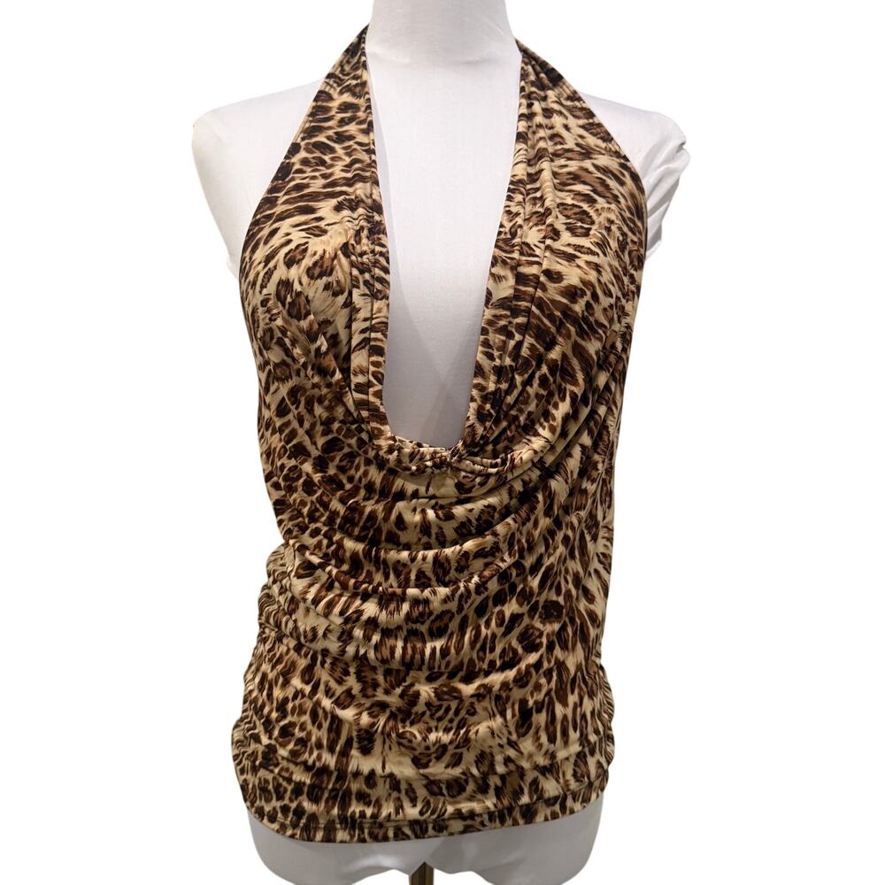 Vintage Y2K Leopard Halter Cowl Neck Going Out Top Open Back Club Sexy Medium